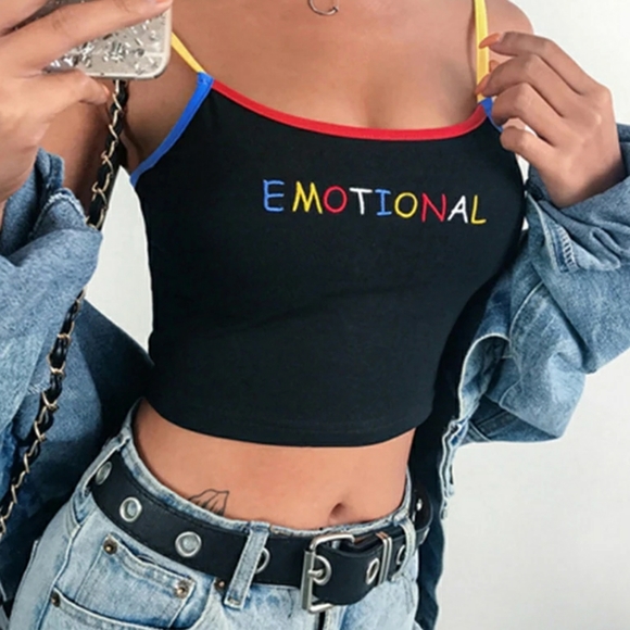 Emo Crop Top Color Block Emotional Print Tank - Picture 3 of 9